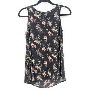 Paper Crane Black Floral Hi Low Side Slits Silky Tank Top Fairy Blouse Small